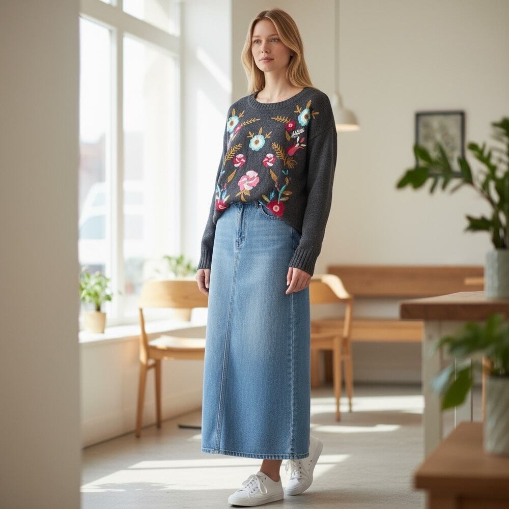 Floral Embroidered Sweater M Charcoal Gray Boho Cottagecore Fall Softgirl
